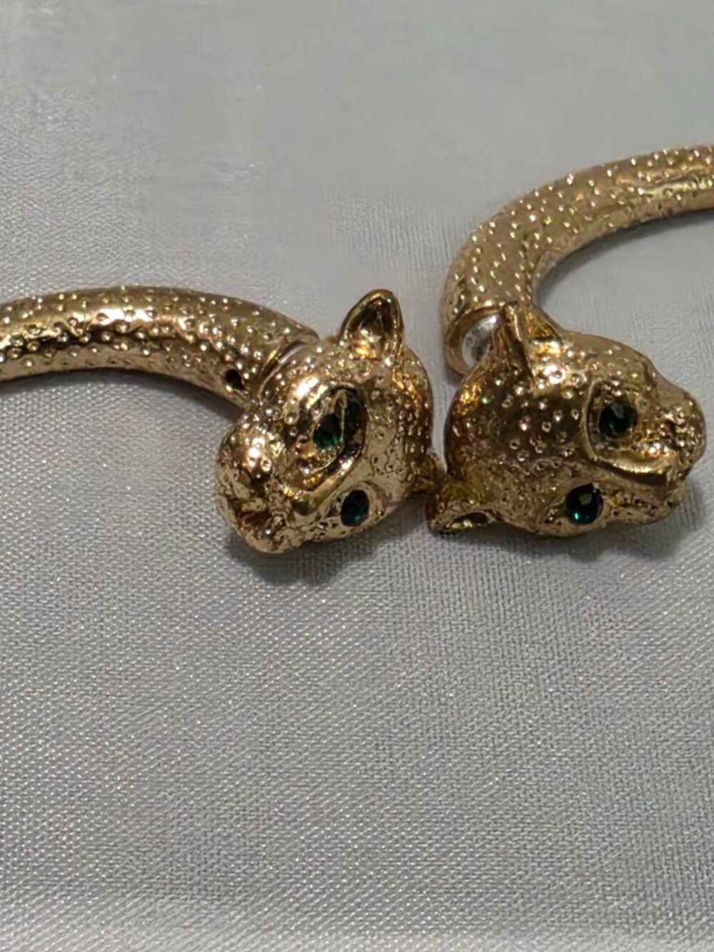 Gold Tone Panther Head Front-Back Earrings · Green Crystal Eyes · Curved Claw Dr